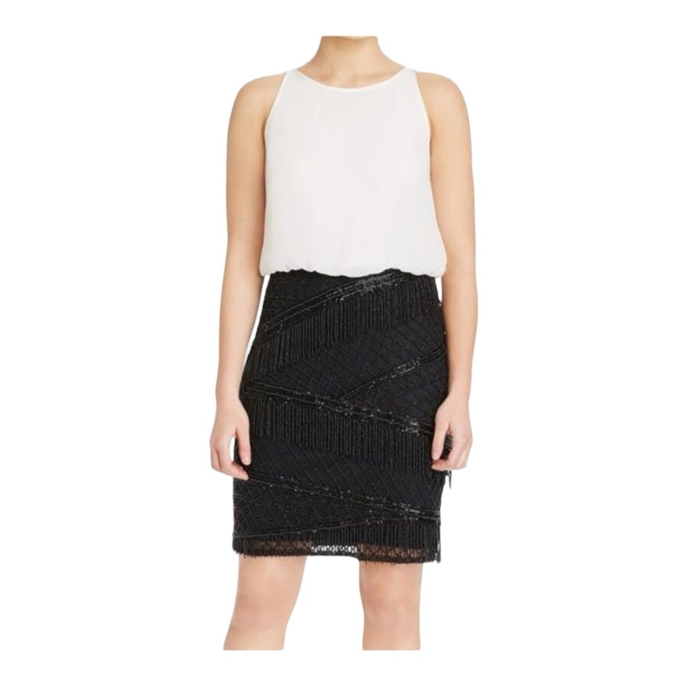 AIDAN MATTOX Boat Neck Chiffon Mesh Black Cream Black Cocktail Dress‎ US 4 $375